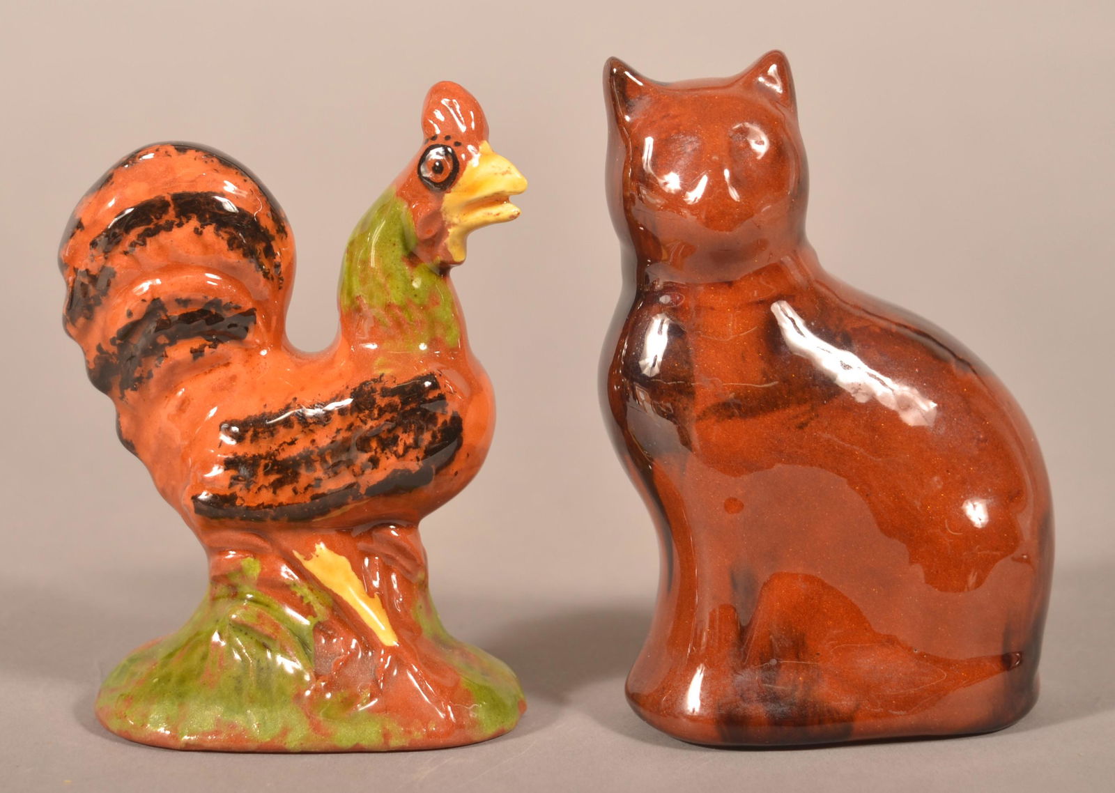 Breininger Pottery Glazed Figures of a Rooster and Cat. (1 of 3)