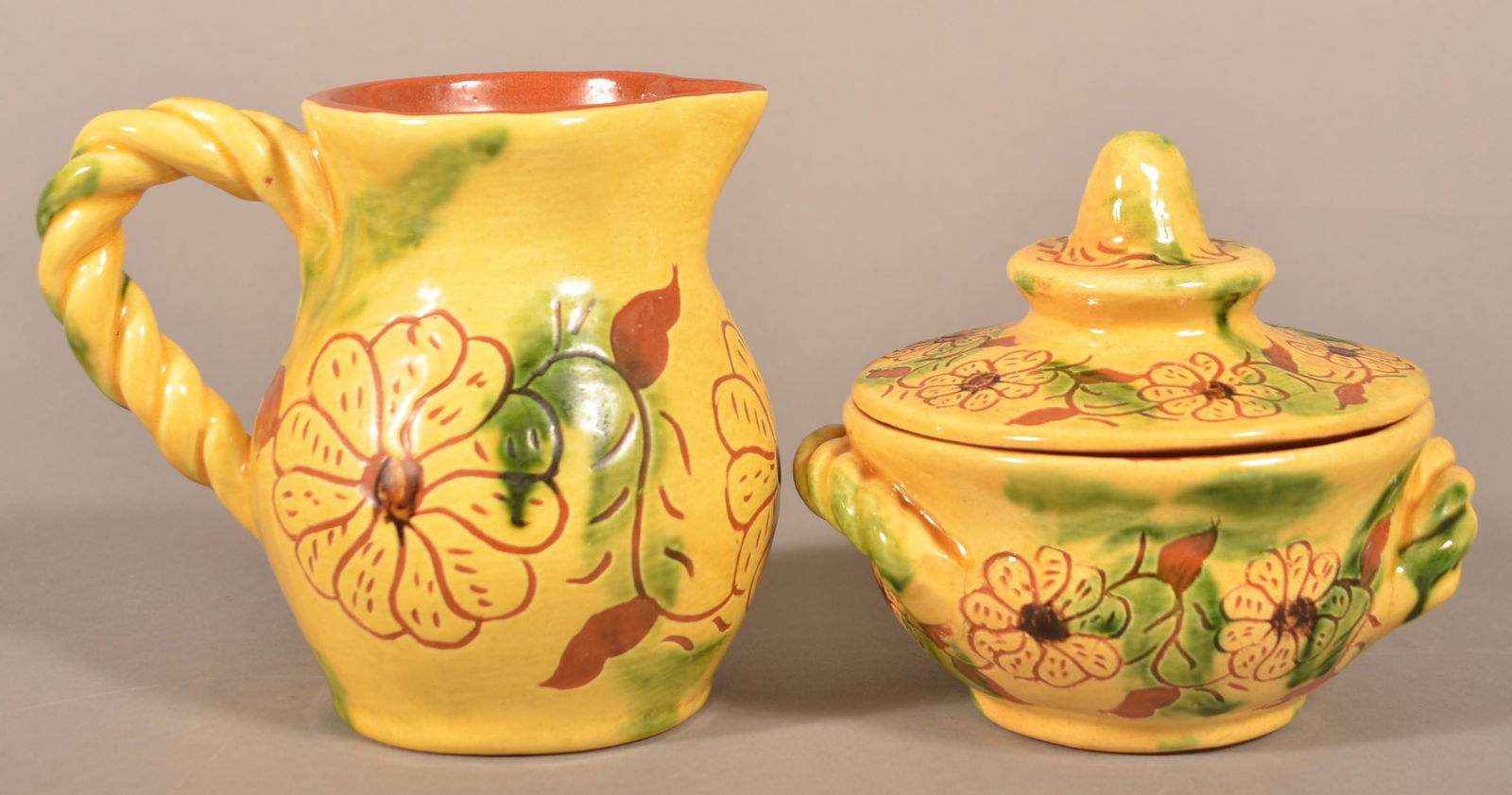 Breininger Pottery Sgrafitto Pitcher and Sugar Bowl. (1 of 3)