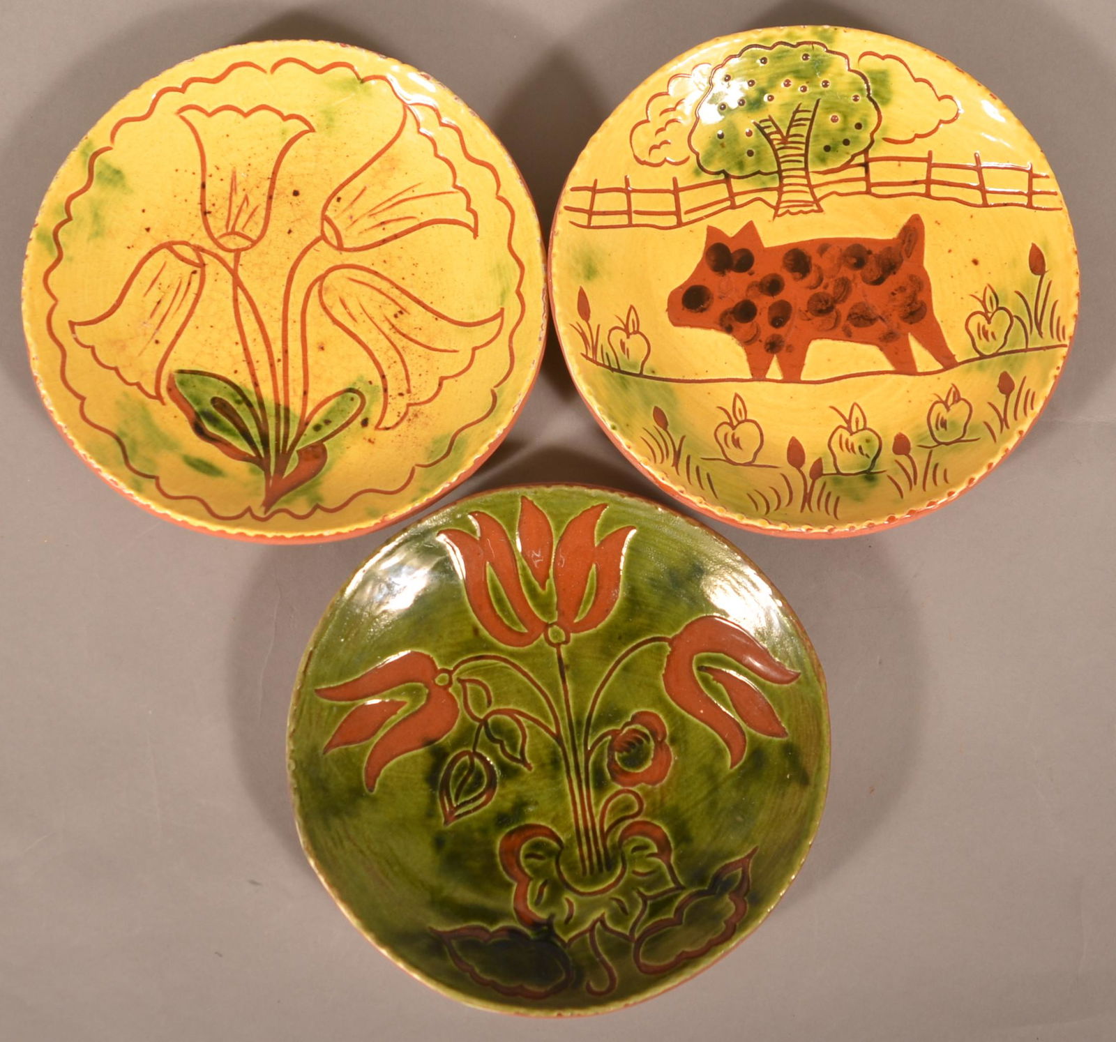 Three Breininger Pottery Sgrafitto-Decorated Plates. (1 of 2)