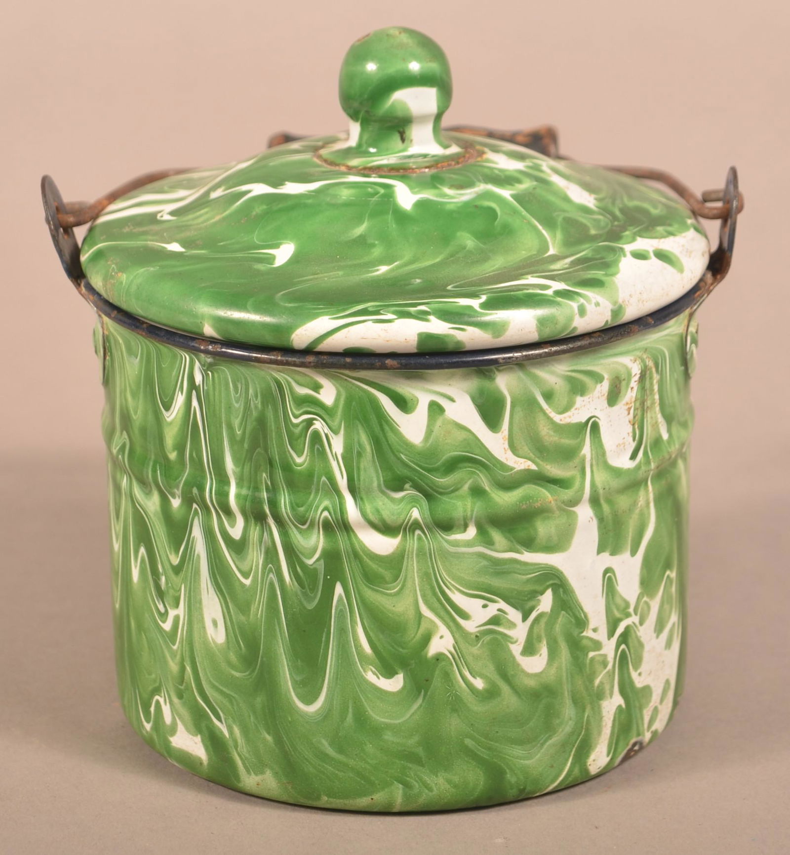 Green and White Large Swirl Granite Ware Covered Pail. (1 of 4)