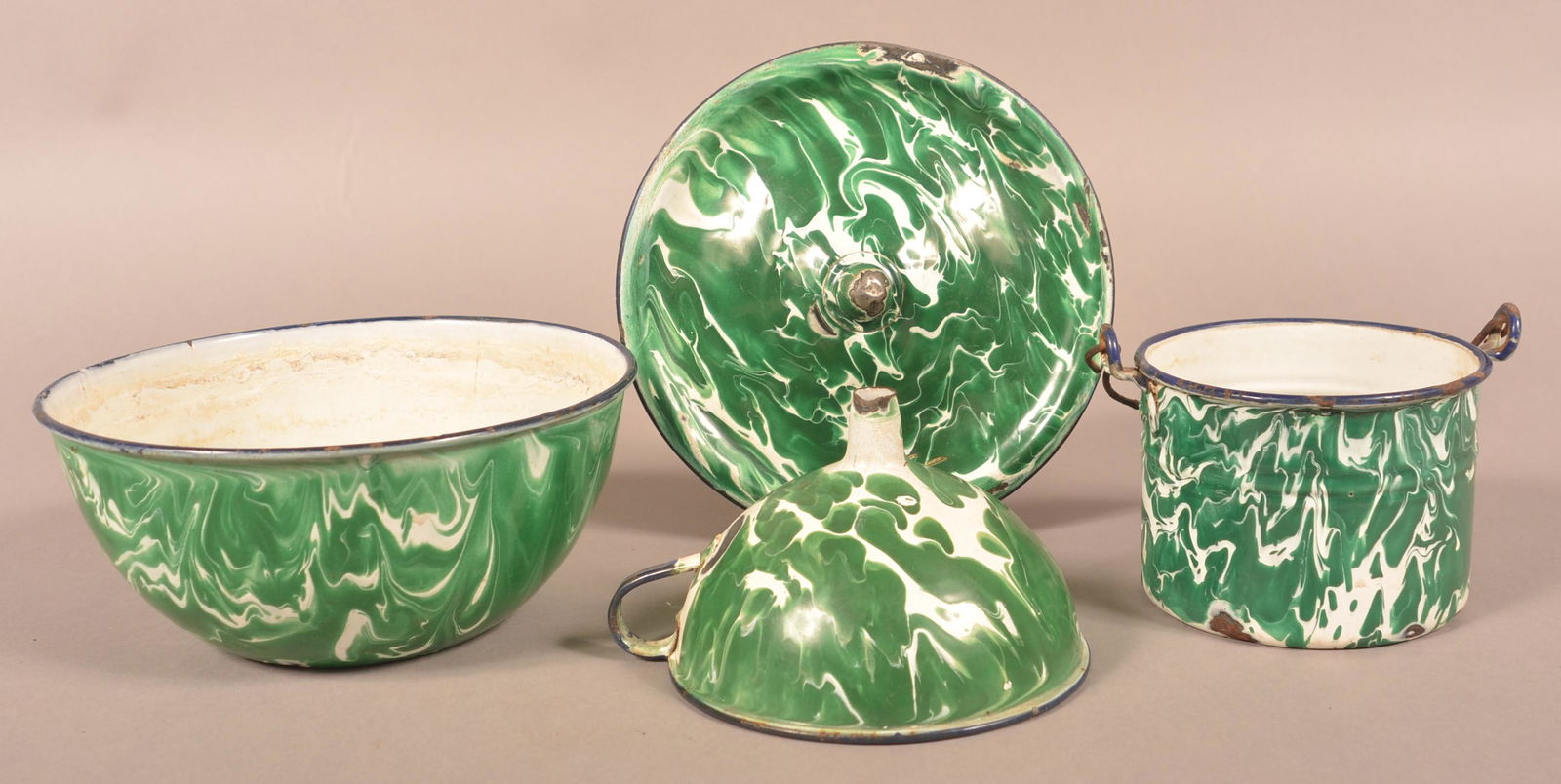 Four Pieces Green and White Large Swirl Granite Ware. (1 of 4)