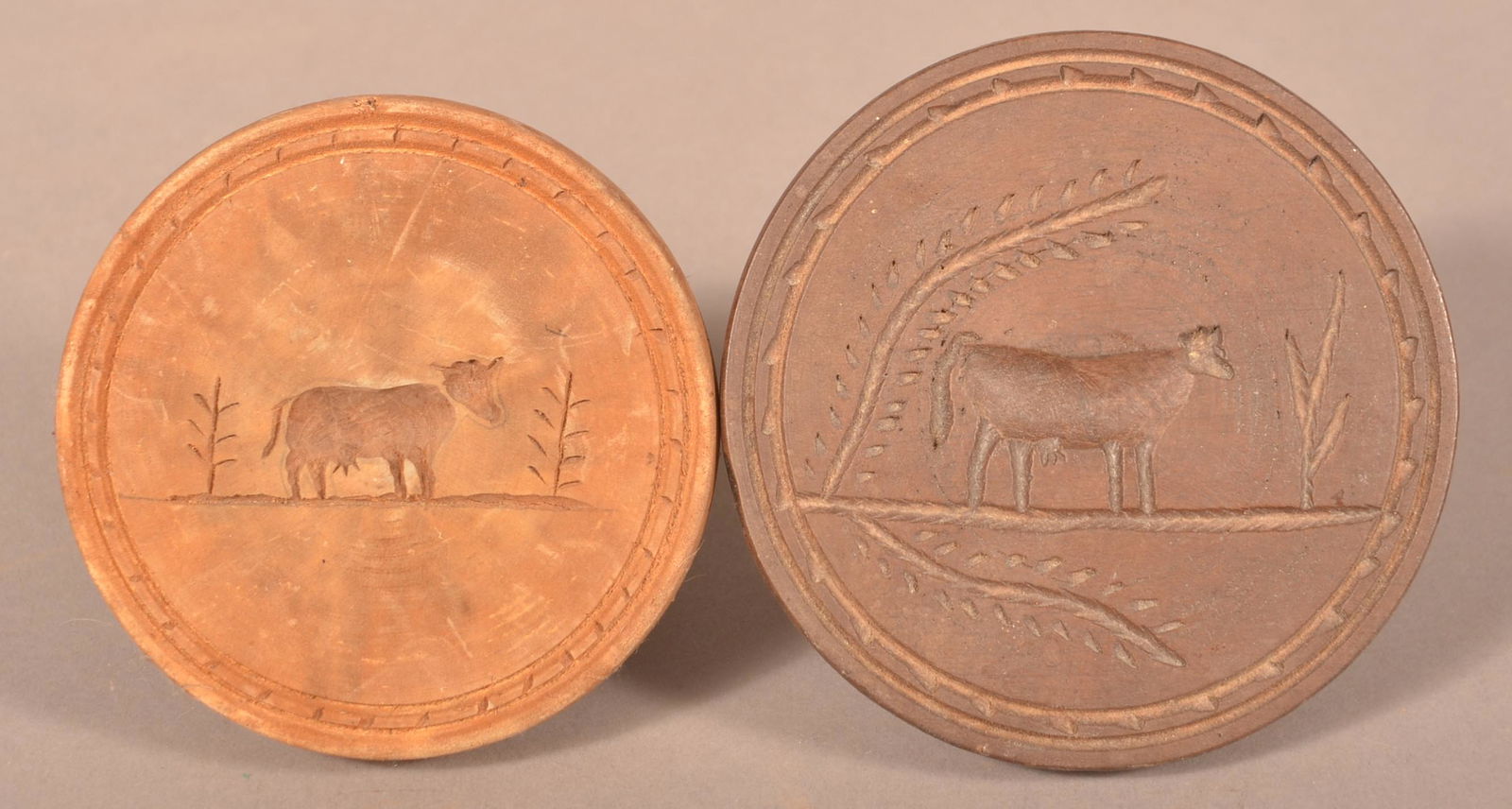 Two Antique Turned and Carved Cow Butter Prints. (1 of 2)