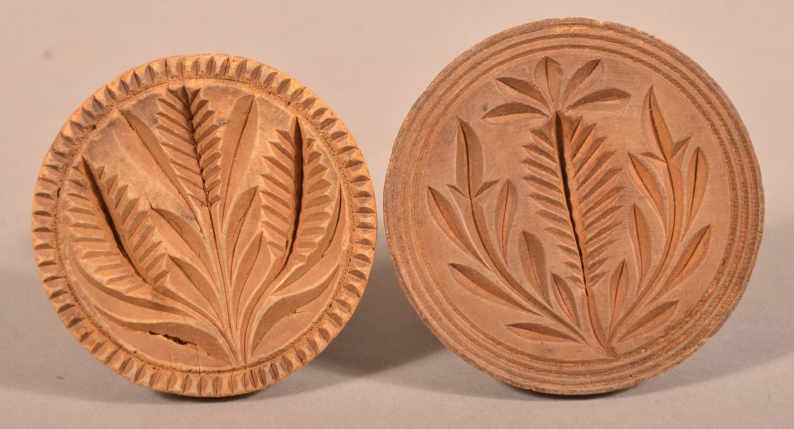 Two Antique Carved Leaf Wood Butter Prints. (1 of 2)