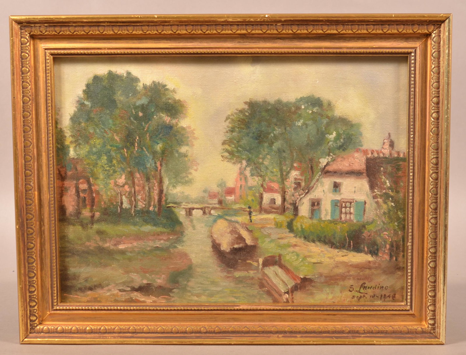S. Landino Oil on Artist Board Landscape Painting.: S. Landino Oil on Artist Board Landscape Painting. Signed lower right "S. Landino Sept. 10 - 1948". Image 9-1/2" x 13-1/4", in a gilt molded frame, 12-1/2" x 16-1/2" overall. Condition: Very good.