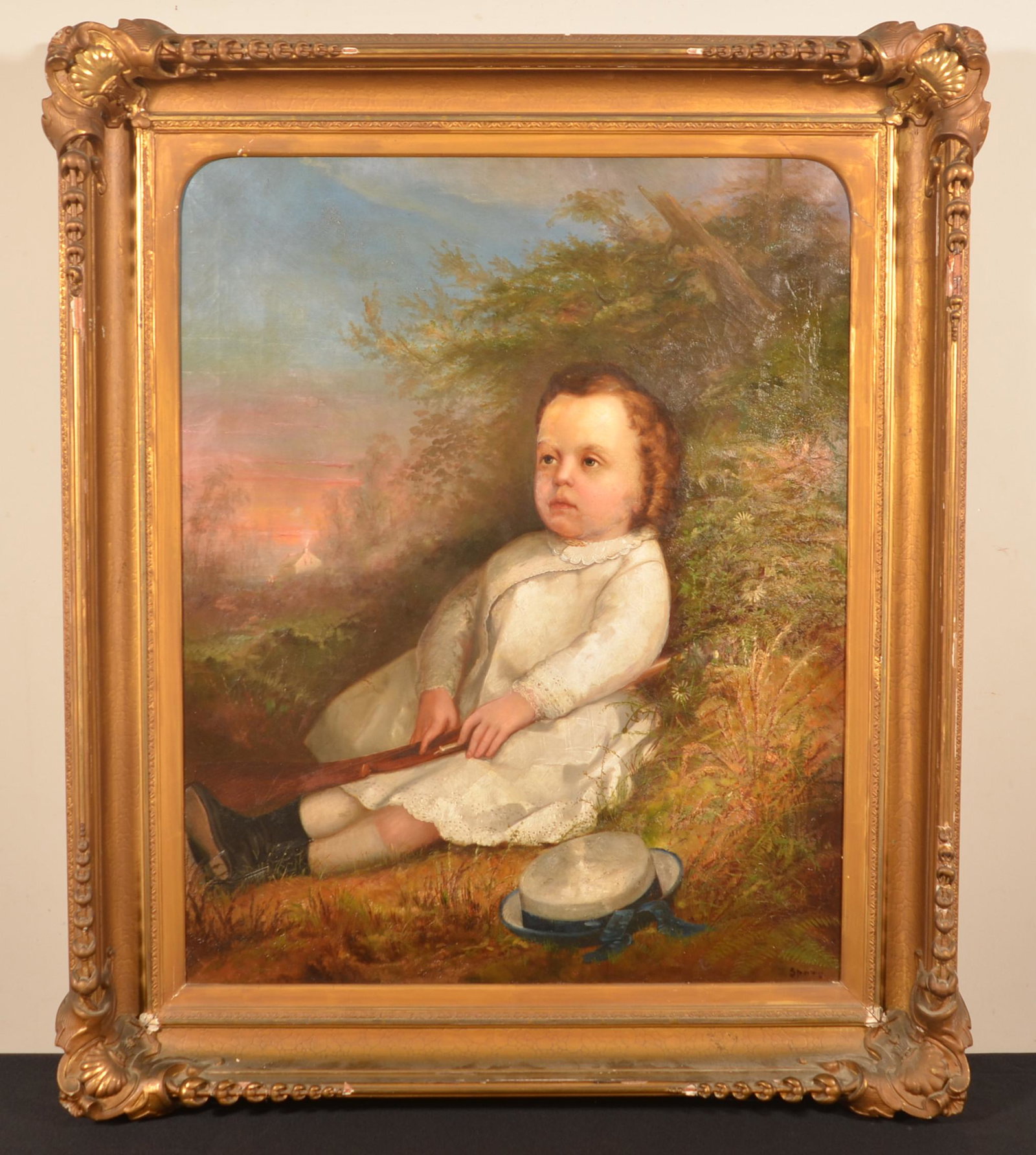 Frederick A. Spang Oil on Canvas Portrait of Young Boy.: 19th Century Oil on Canvas Portrait of Young Boy. Signed "Spang" in lower right corner. (Frederick A. Spang, American, 1834-1891). Depicts a young boy seated in woodland holding a toy rifle with his h