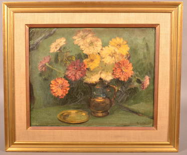 Arrah Lee Gaul Still Life Oil Painting.: Arrah Lee Gaul Still Life Oil Painting. (Arrah Lee Gaul, Pennsylvania, 1888-1980). An oil on canvas still life painting depicting a pitcher of colorful zinnias. Signed lower right Arrah Lee Gaul. Circ