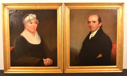 Pair of Jacob Eichholtz Oil on Canvas Portraits.: Pair of Jacob Eichholtz Oil on Canvas Portraits. Attributed to Jacob Eichholtz, Lancaster, PA 1776-1842), Unsigned, Identified Mr. and Mrs. George H. Bomberger, Circa 1821. Listed in "Jacob Eichholtz,