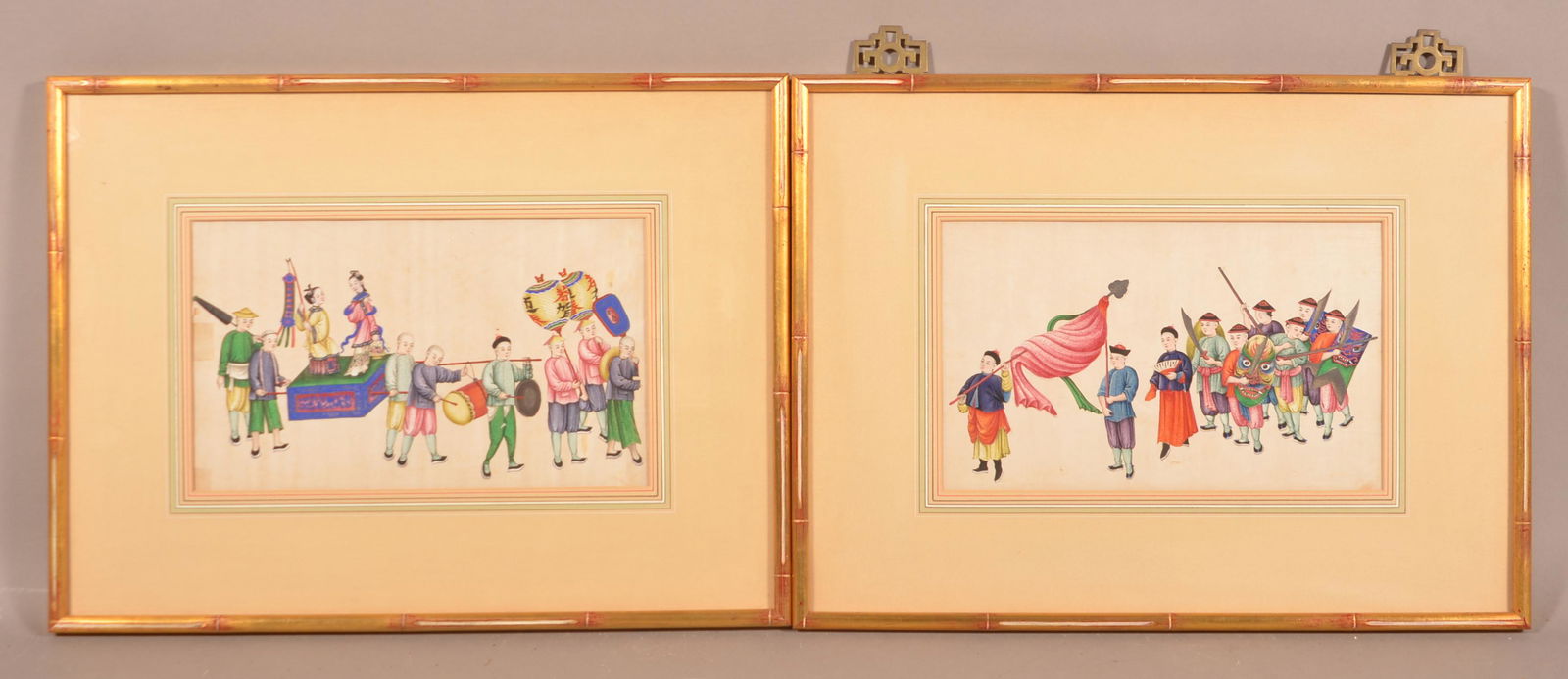 Pair of Chinese Parade Scene Watercolors on Rice Paper. (1 of 4)