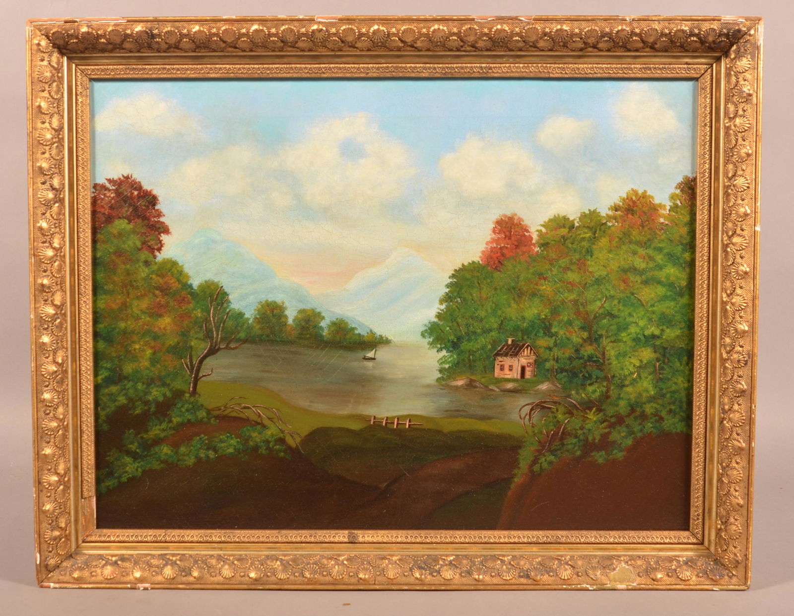 Antique Folk Art Oil on Canvas Landscape Painting. (1 of 3)