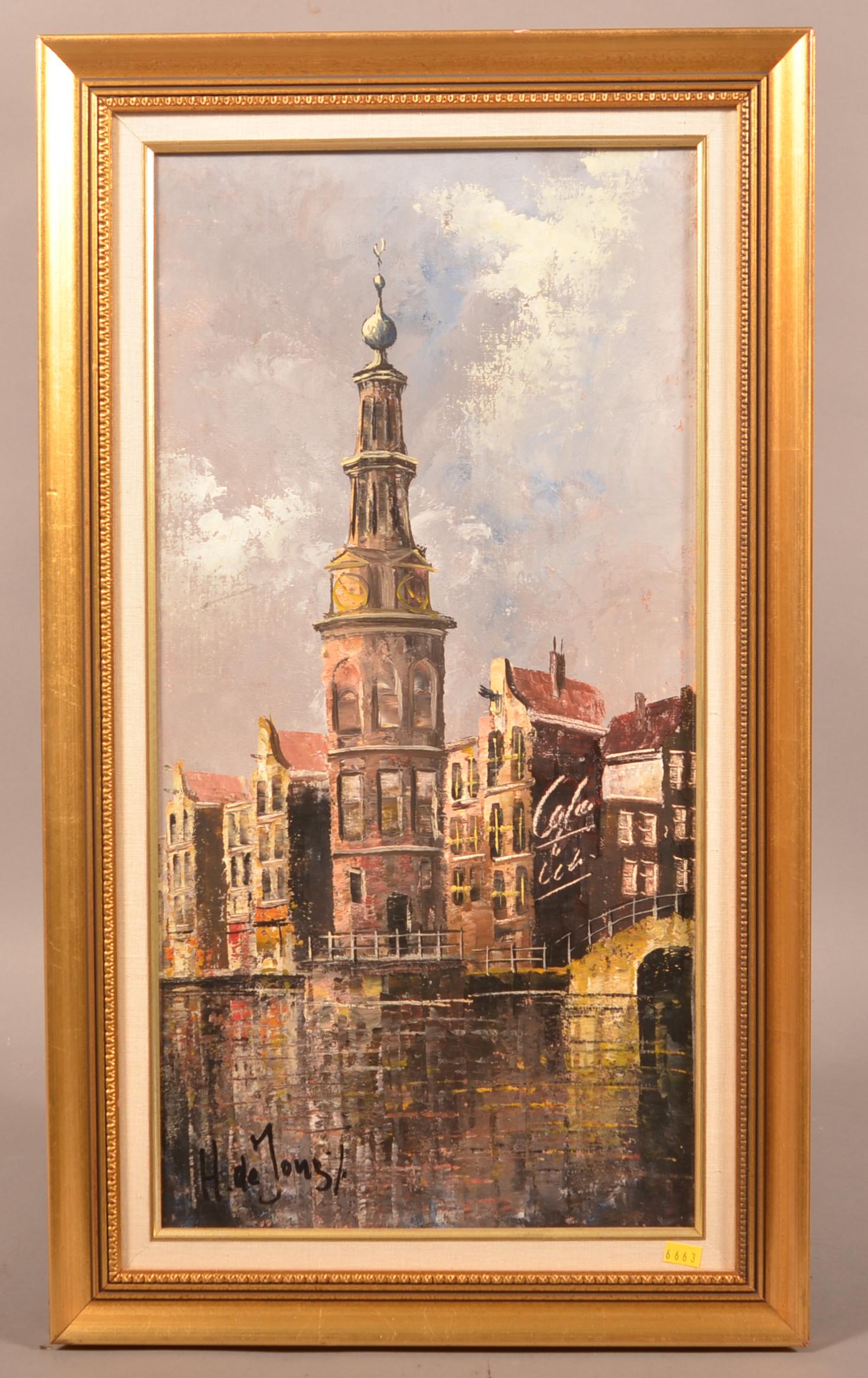 Modern Oil on Canvas European Canal Scene Painting.: Modern Oil on Canvas European Canal Scene Painting. Signed "H. de Long" lower left. In a molded frame, 28" x 16-1/2" overall. Condition: Very good.