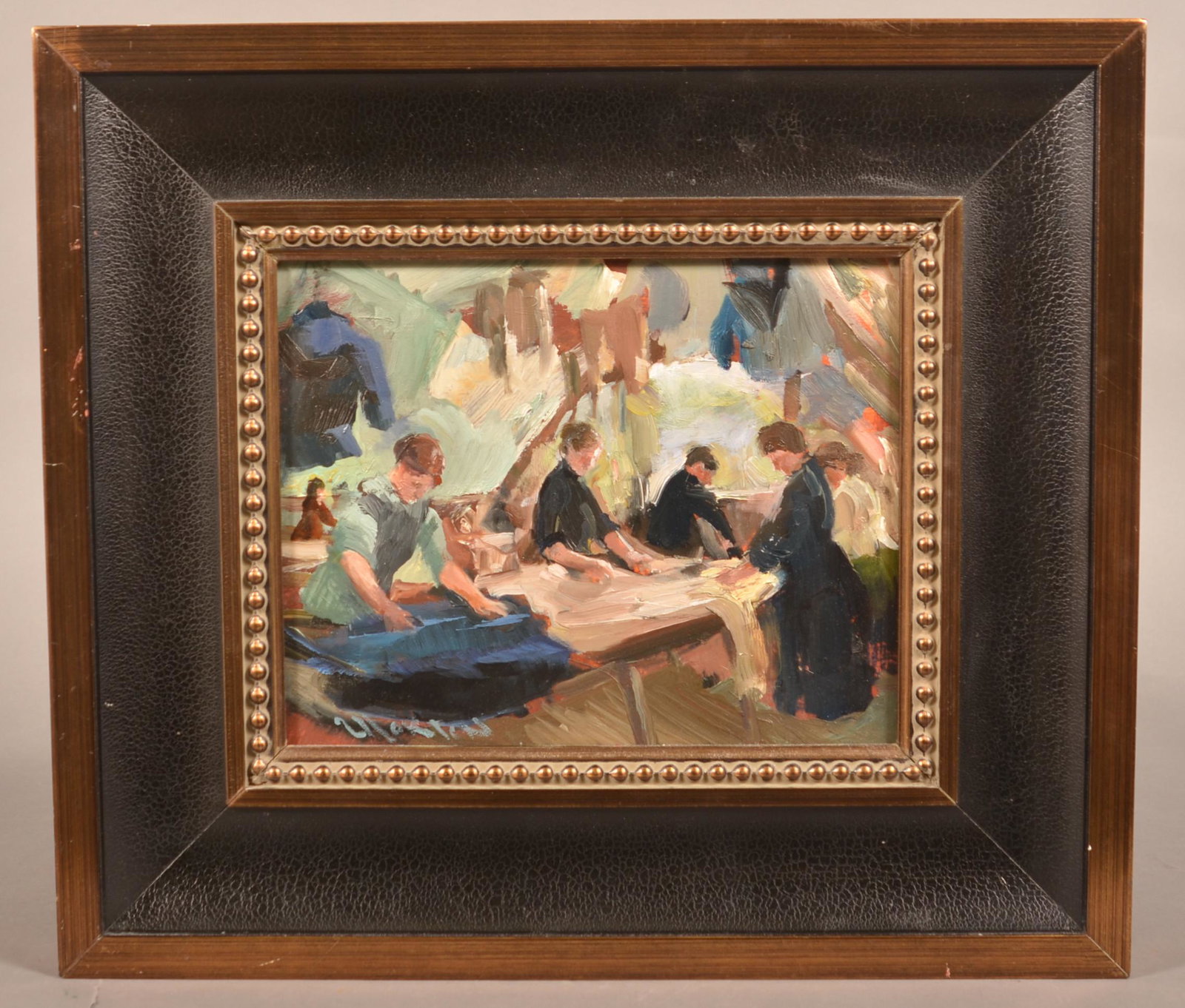 Oil on Artist Board of Amish Seamstress.: Oil on Artist Board of Amish Seamstress. Signed lower left. Framed, 14-3/4" x 16-3/4" overall. Condition: Very good.