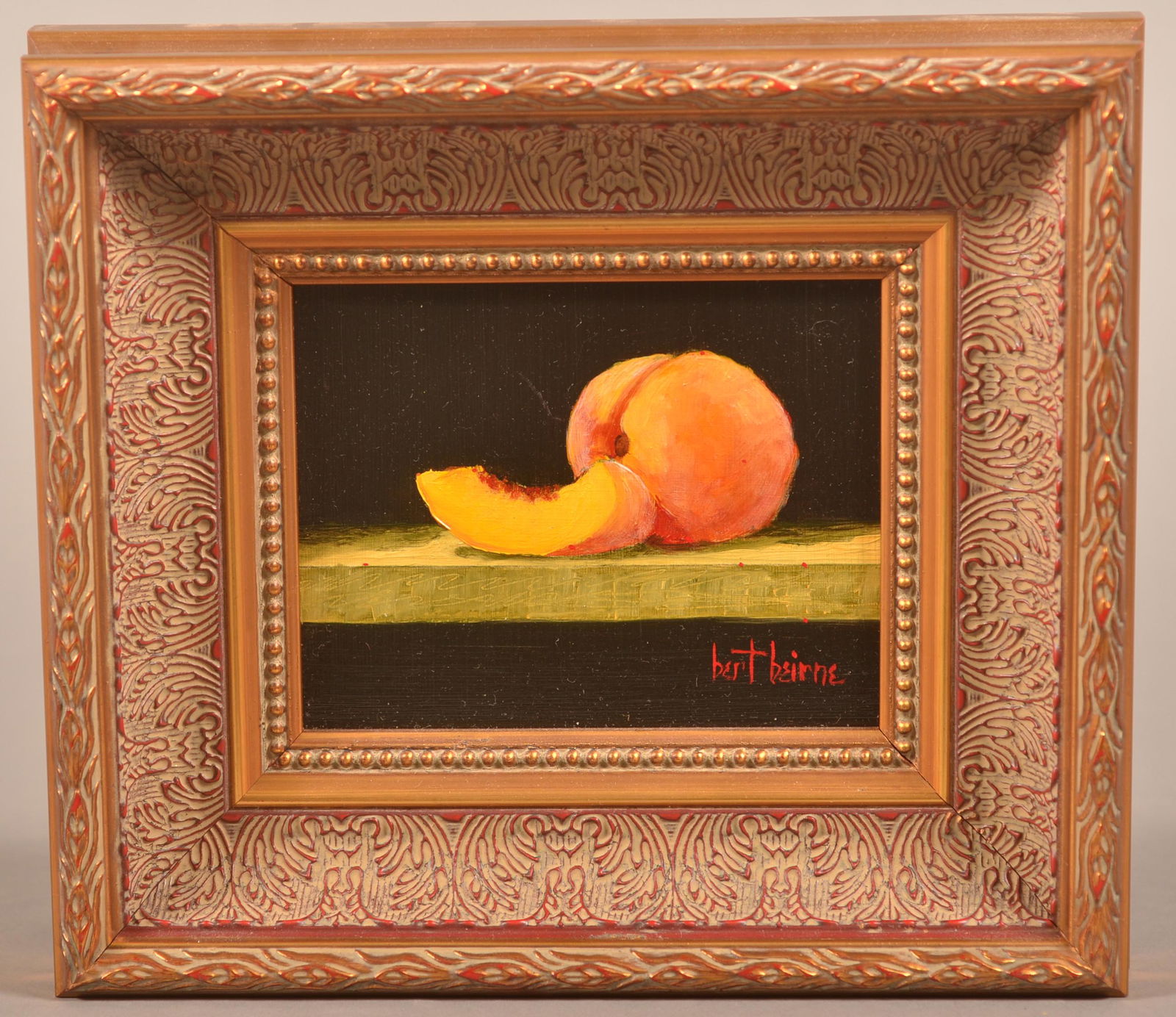 Bert Beirne Still Life Oil Painting On Panel Board.: Bert Beirne Still Life Oil Painting On Panel Board. (American, Georgia, Ohio, born 1939). Signed lower right and titled on verso "Peach & Slice". Framed, 7-1/2" x 8-3/4" overall. Condition: Very good.