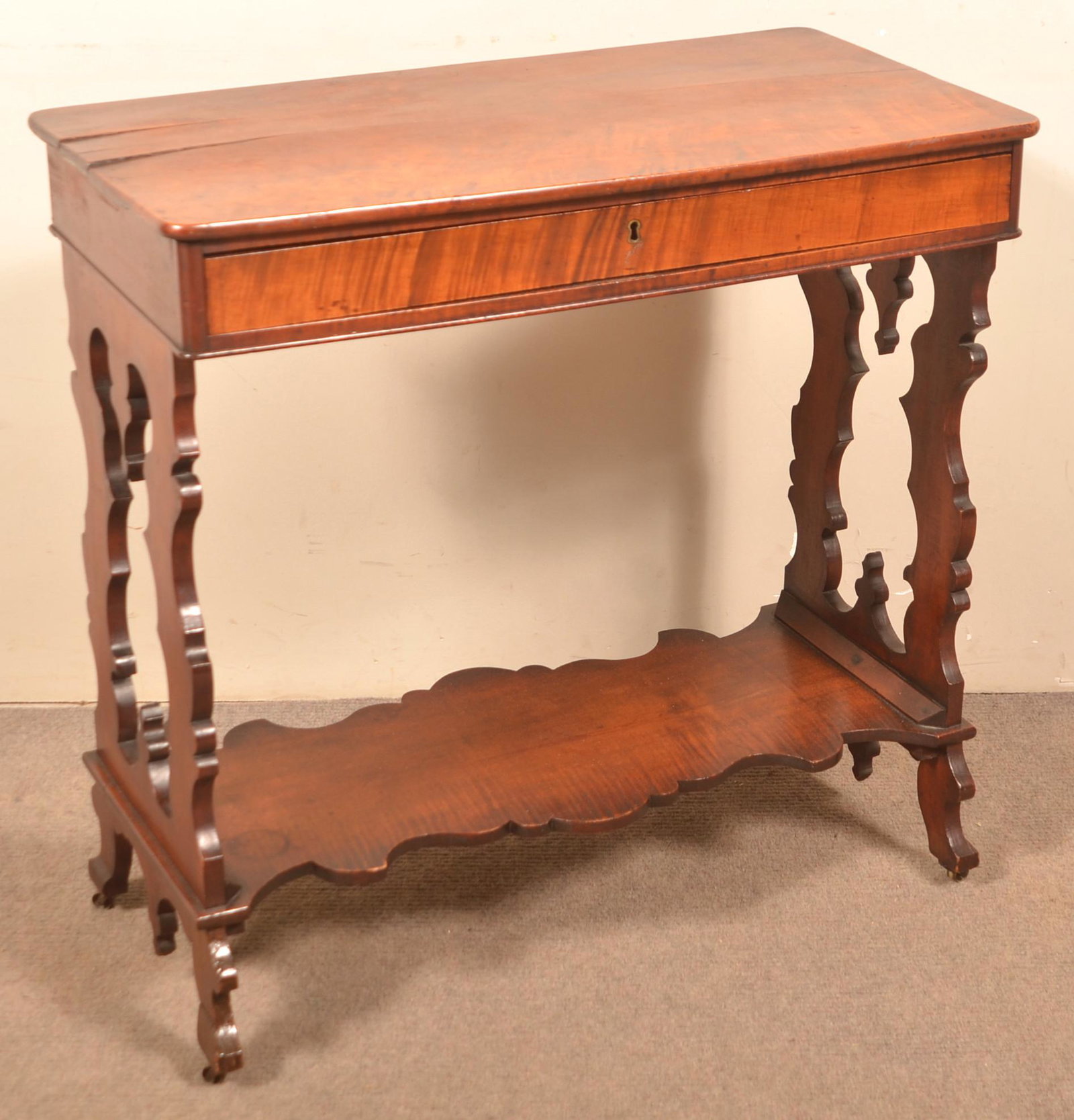Antique Burl Mahogany Ladies Desk.: Antique Burl Mahogany Ladies Desk. 30"h. x 30"w. 16"d. Condition: Good with wear and cracks.