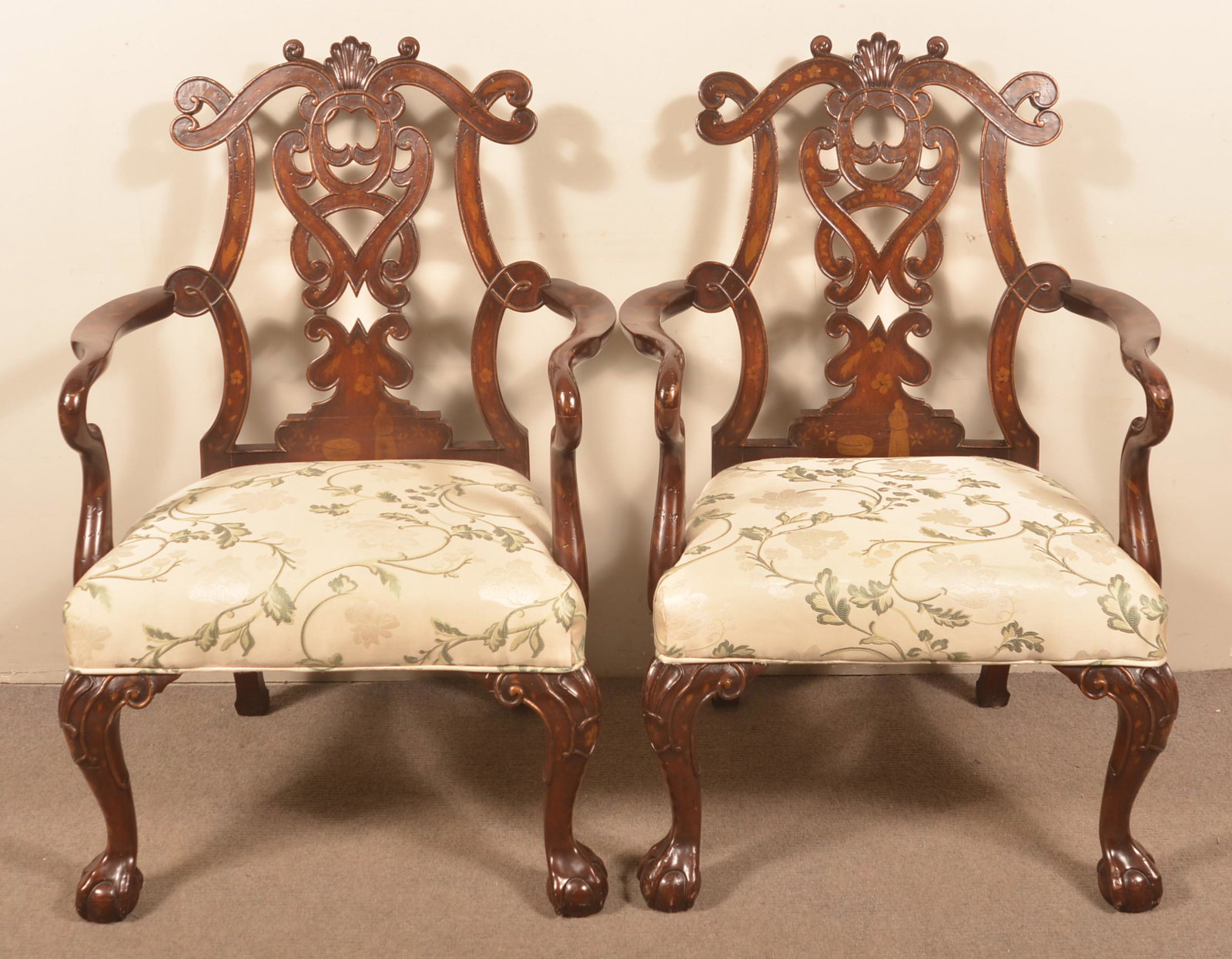 Pair Of Chinese Chippendale Style Mahogany Armchairs.: Pair Of Chinese Chippendale Style Mahogany Armchairs. Seat height 18-1/2", 40-1/2"h. overall. Condition: Very good with minor wear.