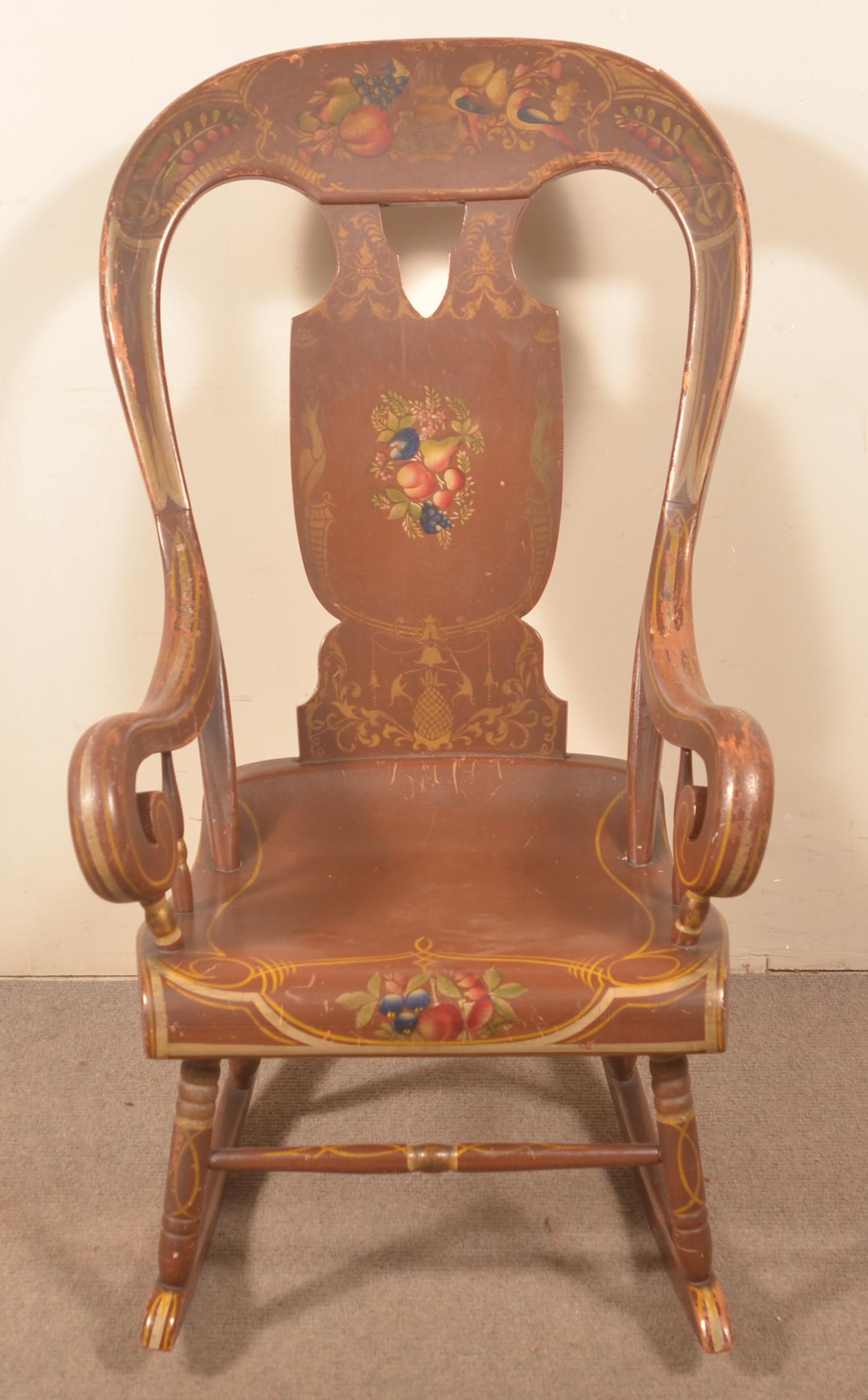 PA Stencil-Decorated Balloon-Back Rocking Chair.: Pennsylvania Stencil-Decorated balloon-Back Rocking Chair. Seat height 17-1/2", 38"h. overall. Condition: Good with wear.