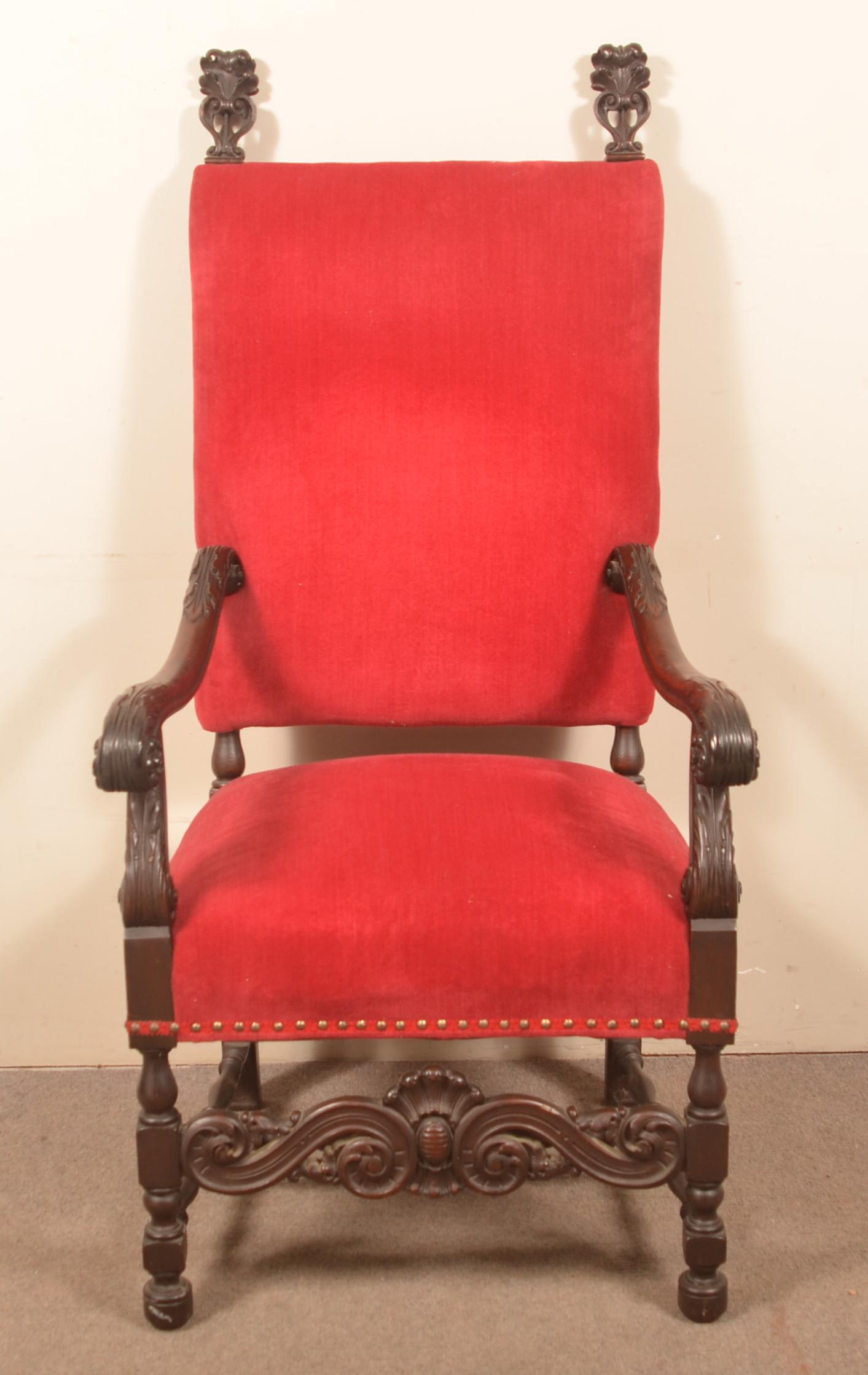 Jacobean Style Carved Mahogany Upholstered Armchair.: Jacobean Style Carved Mahogany Upholstered Armchair. Seat height 19-1/2", 53-1/2"h. overall. Condition: Good with wear.