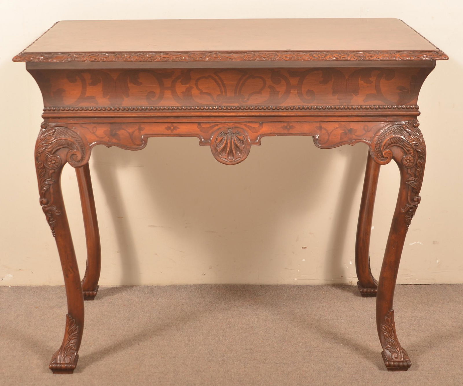 Period Style Faux Inlaid Carved Mahogany Console Table. (1 of 4)