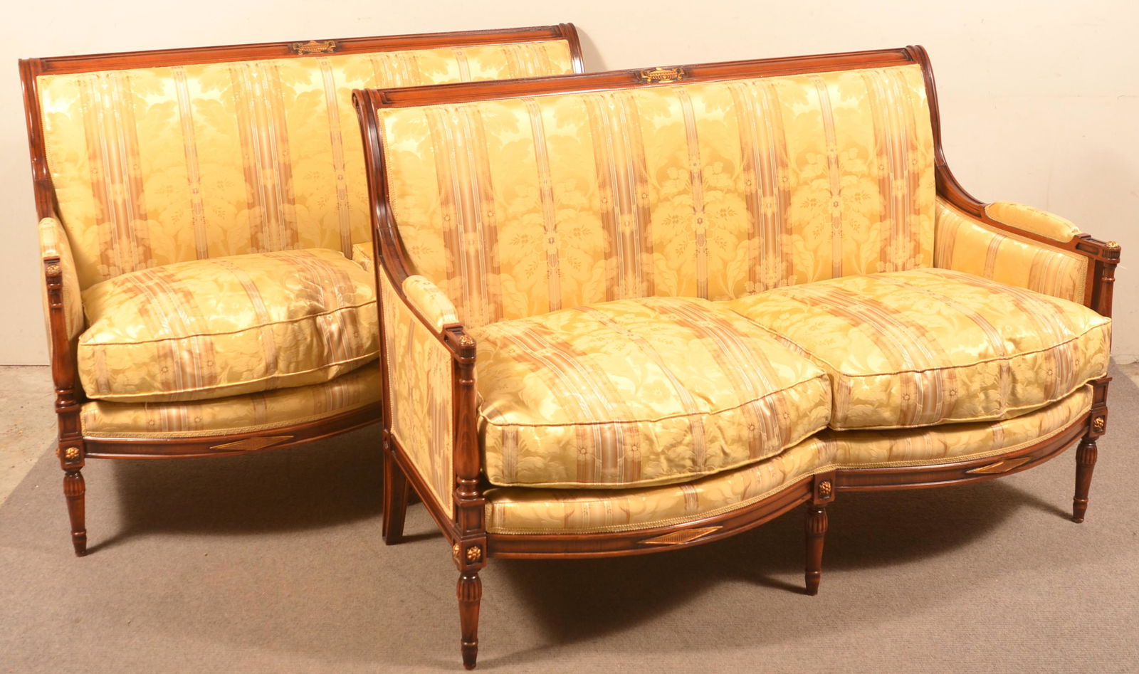 Pair of Sheraton Style Mahogany Upholstered Settees.: Pair of Sheraton Style Mahogany Upholstered Settees. 36"h. x 53"l., seat height 21". Condition: Very good with minor wear.