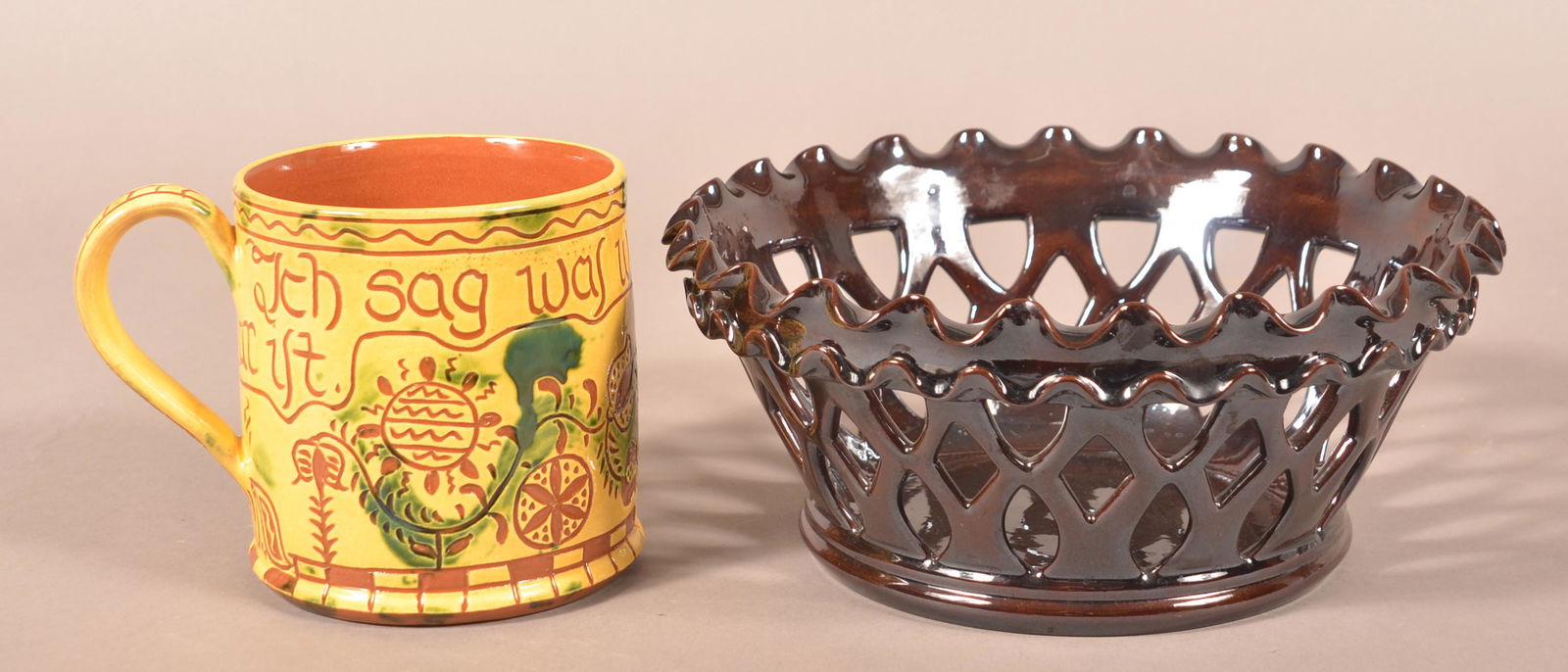 Two Pcs. of Breininger Redware Pottery. (1 of 4)
