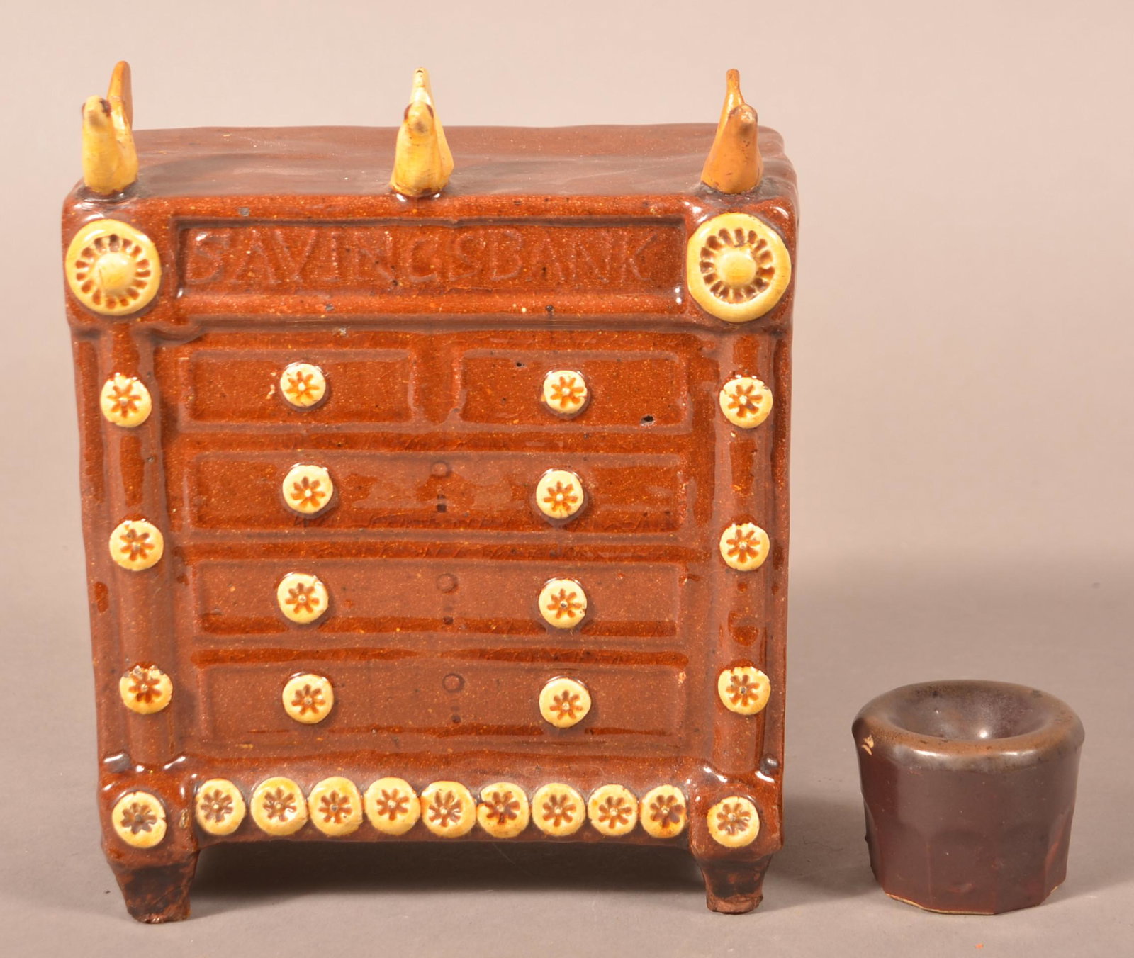 English Chest Form Savings Bank and Pottery Inkwell. (1 of 6)