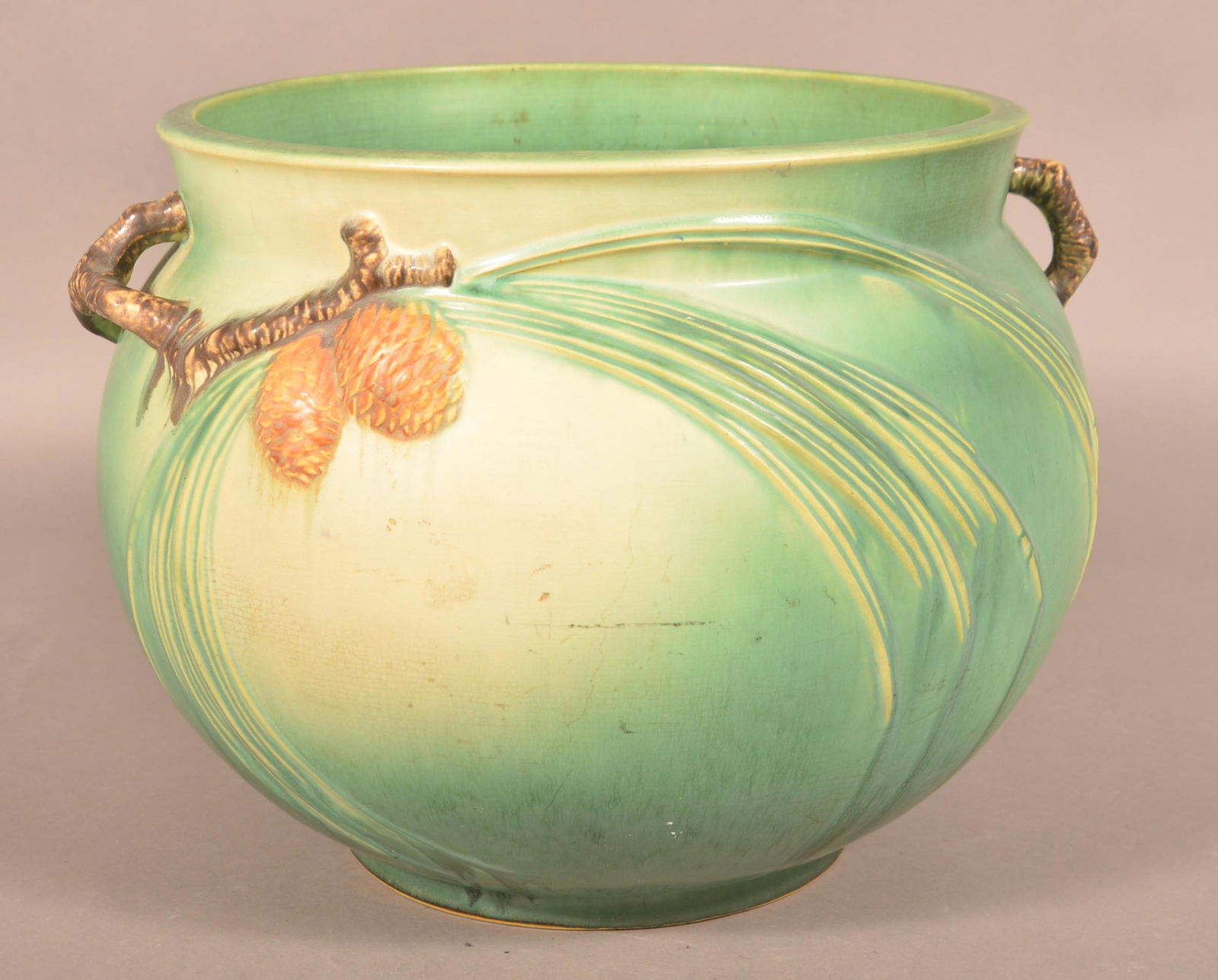 Roseville Art Pottery Green Pinecone Jardiniere. (0669) on Mar 05, 2022 Conestoga Auction