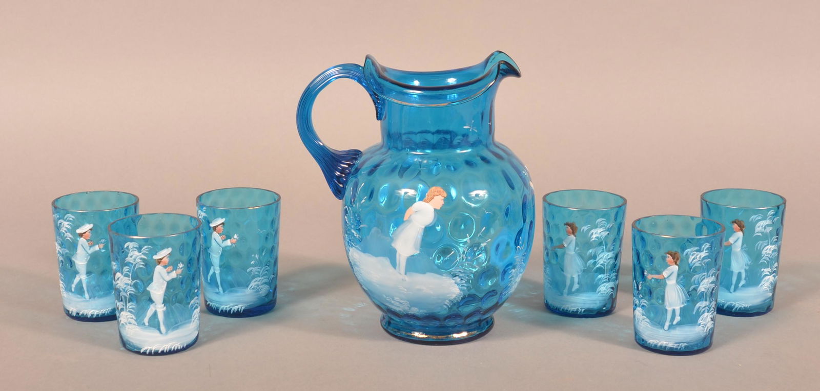 Mary Gregory Blue Glass Inverted Coinspot Water Set. (1 of 5)