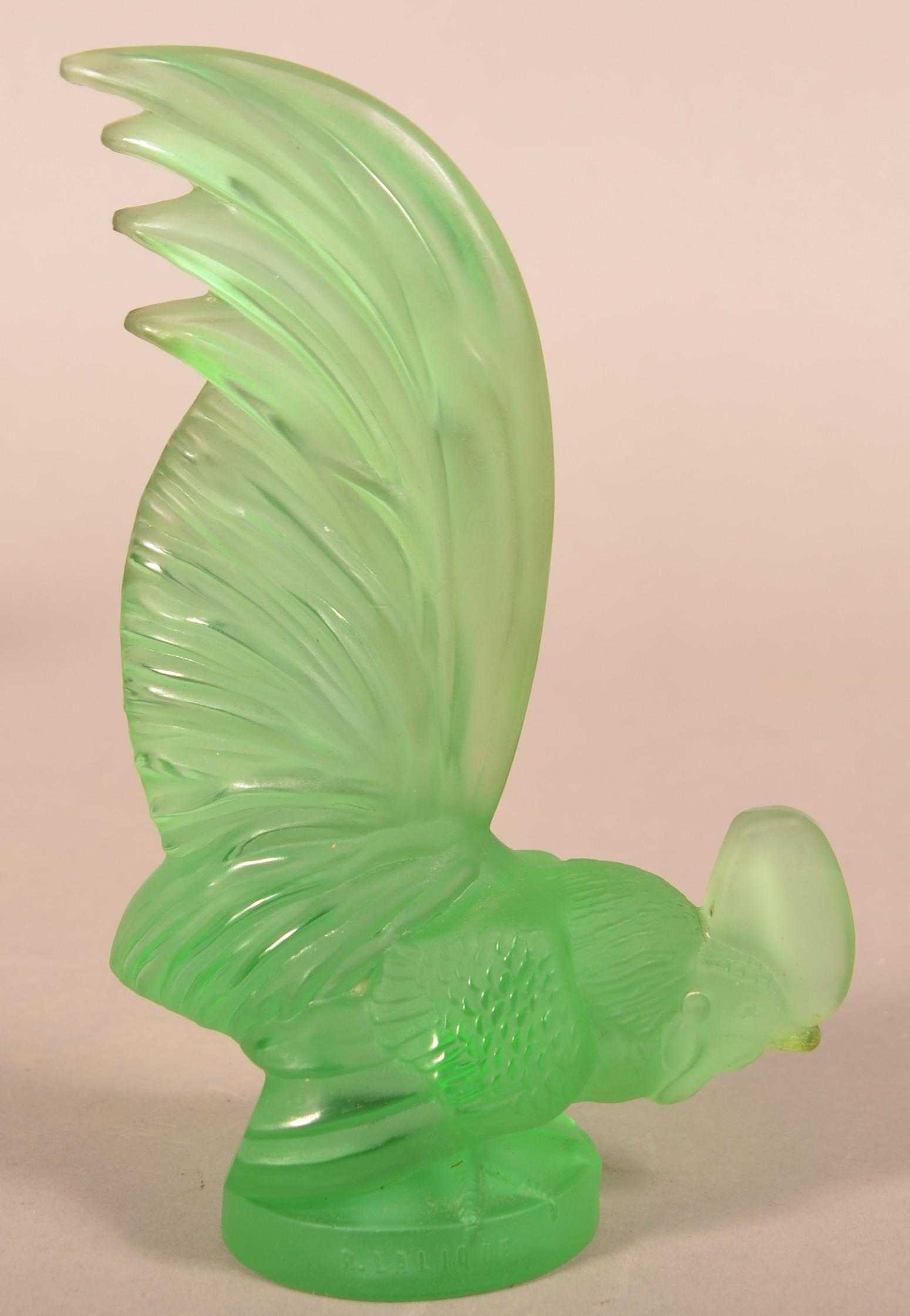 R. Lalique, France Green Glass Rooster Car Mascot. (1 of 5)