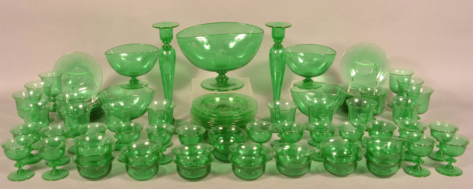Unsigned Engraved Green Glass Bar Set. (1 of 5)