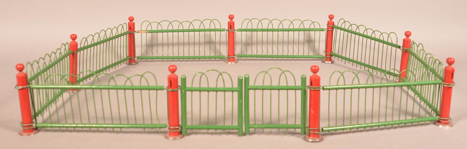 A.W. Drake Hazleton, PA Christmas Yard Fencing.: A.W. Drake Hazleton, PA Christmas Yard Fencing. Circa 1920's. Eight 13" sections with two gates and nine posts. Condition: Good with use wear.