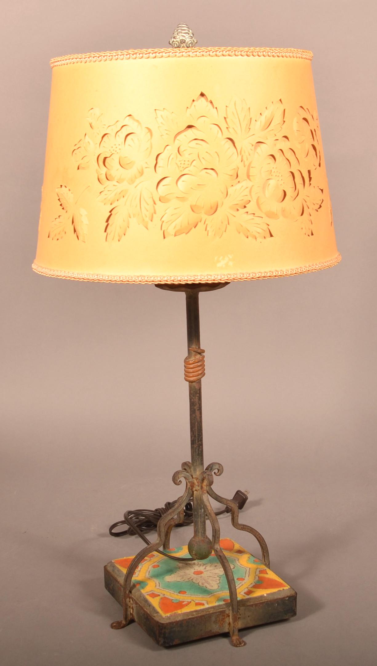 Arts and Crafts Iron and Tile Table Lamp. (1 of 4)