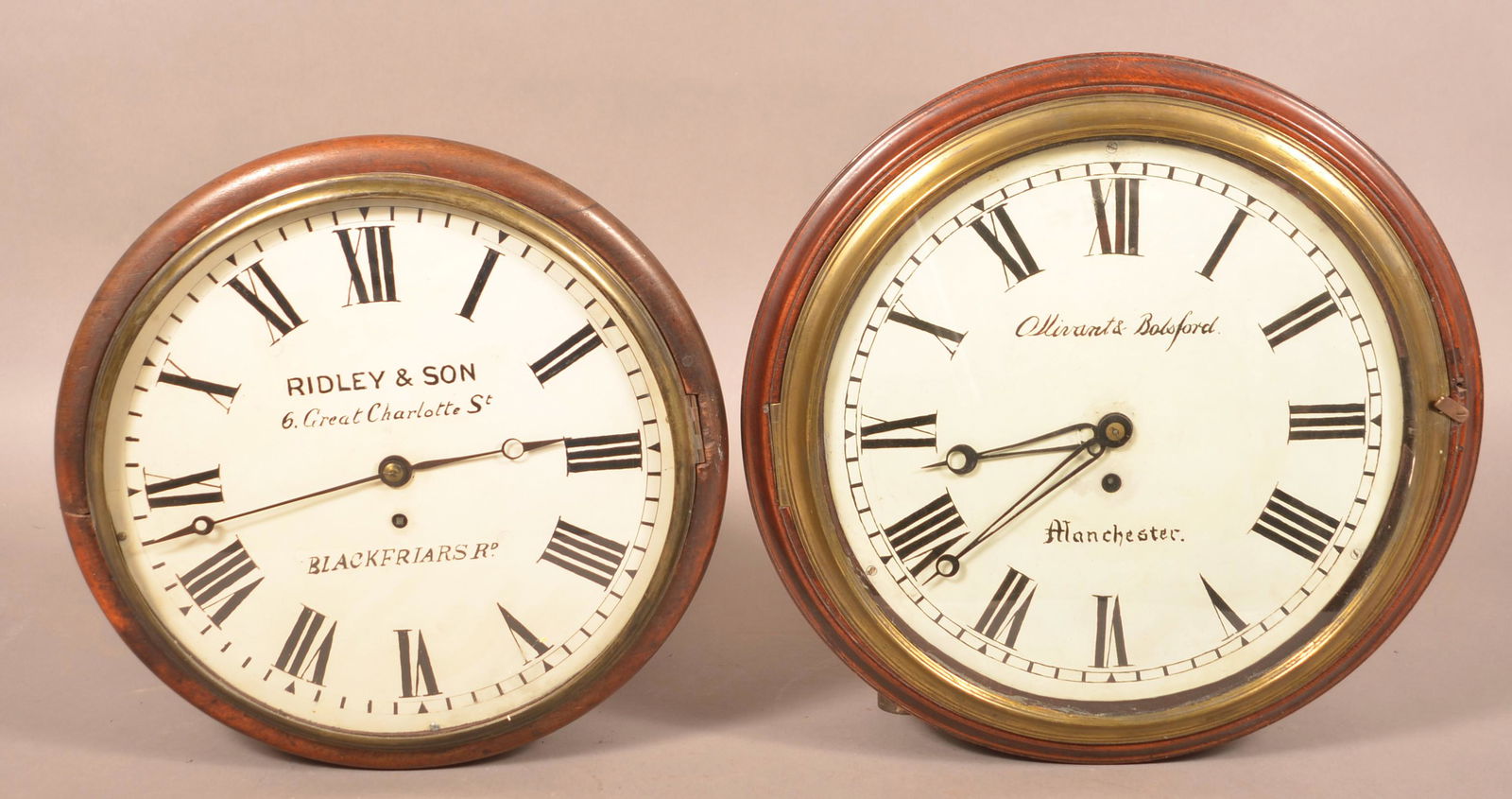 Two Antique Circular Walnut Case Wall Clocks. (1 of 7)