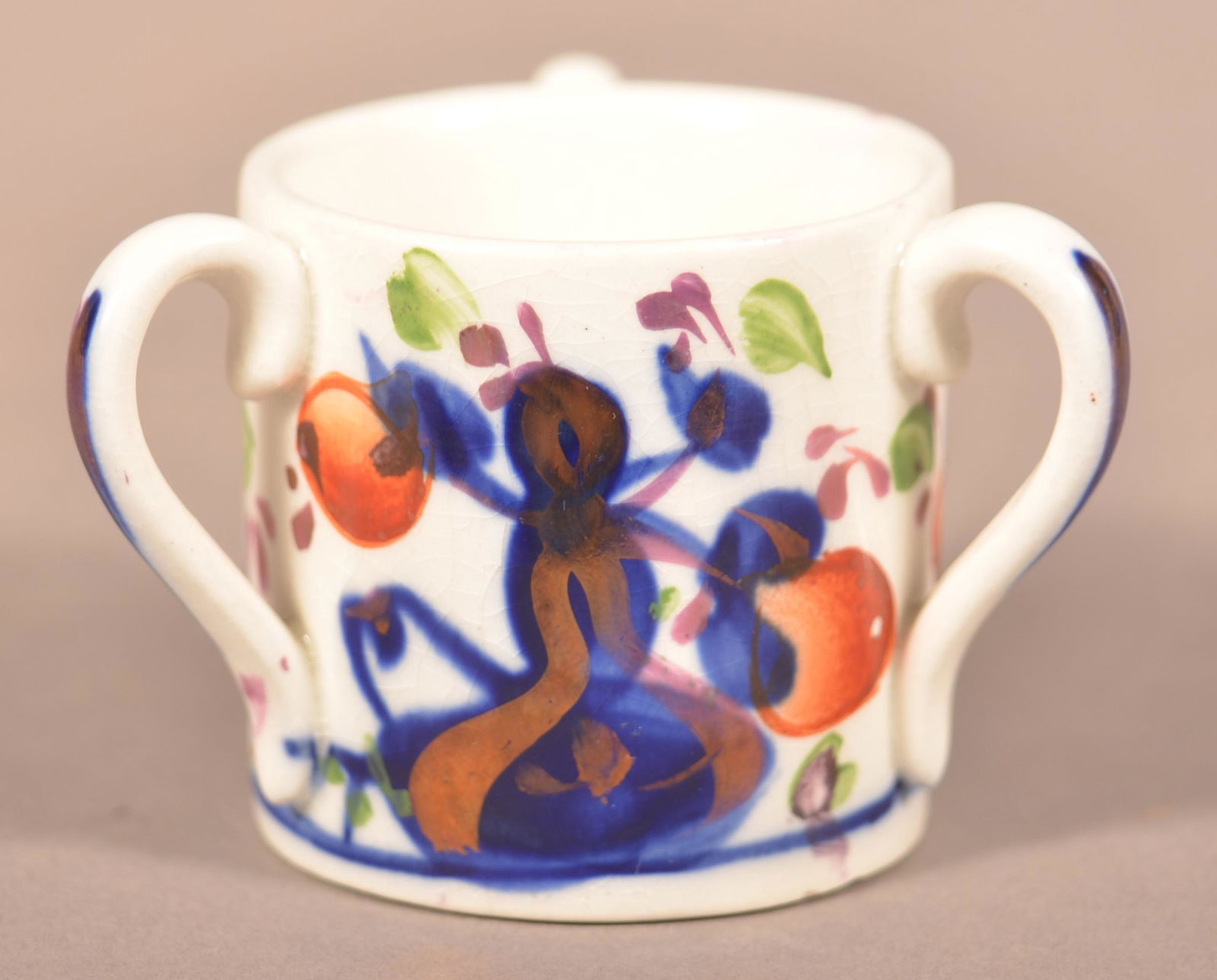 Gaudy Welsh "Oyster" Miniature 3-Handled Cup. (1 of 4)