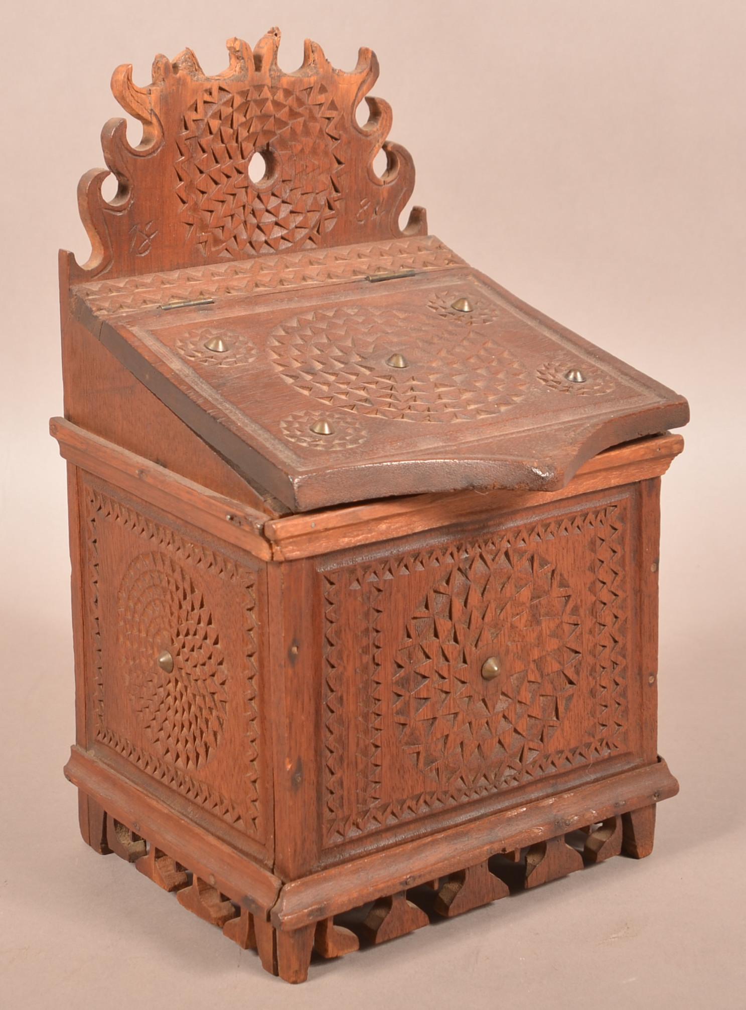 PA Folk Art Carved Mahogany Salt Box Dated 1884. (1 of 6)