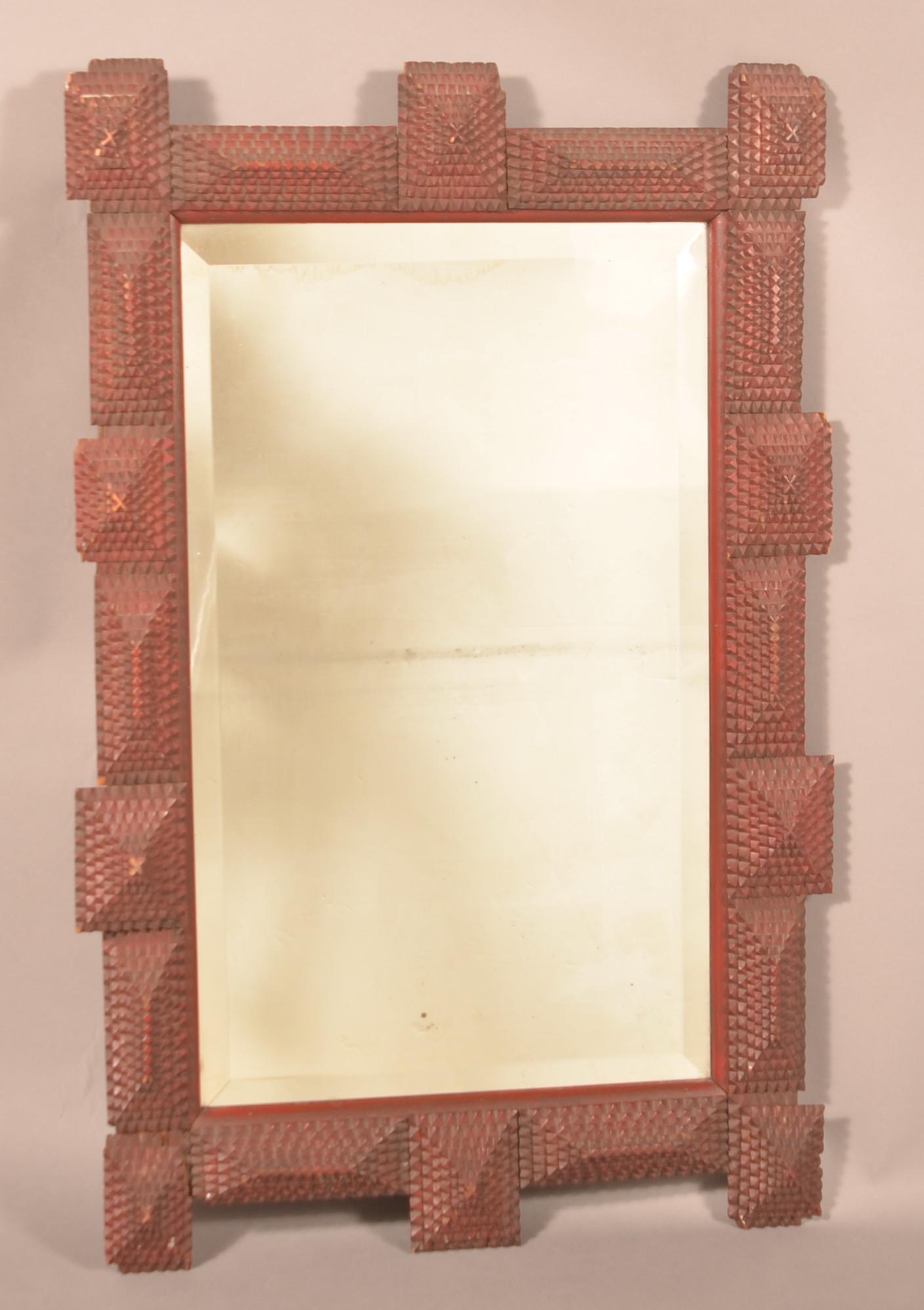 Antique Red Painted Tramp Art Framed Mirror. (1 of 3)