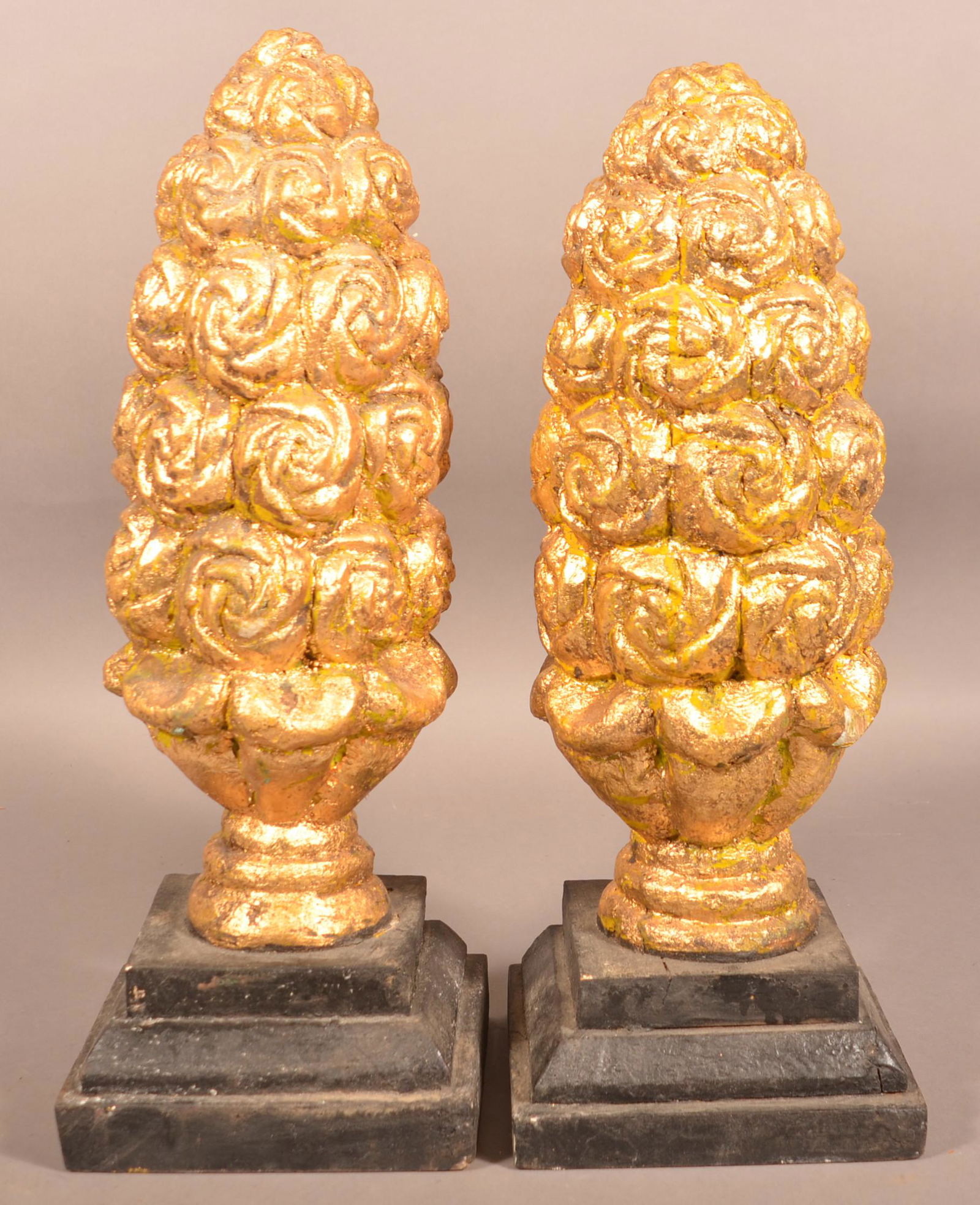 Pair of Carved and Gilt Wood Rose Cluster Garnitures.: Pair of Carved and Gilt Wood Rose Cluster Garnitures. 20"h. Condition: Good with wear and minor loss.