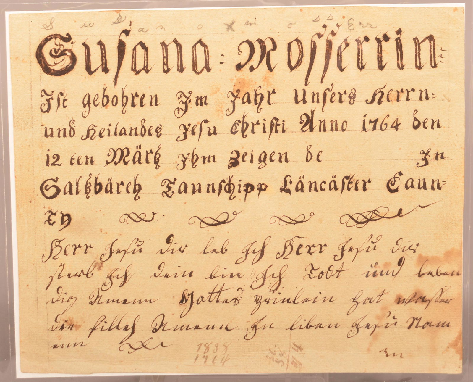 Salisbury Twp., Lancaster Co., PA 1764 Birth Record. (1 of 1)