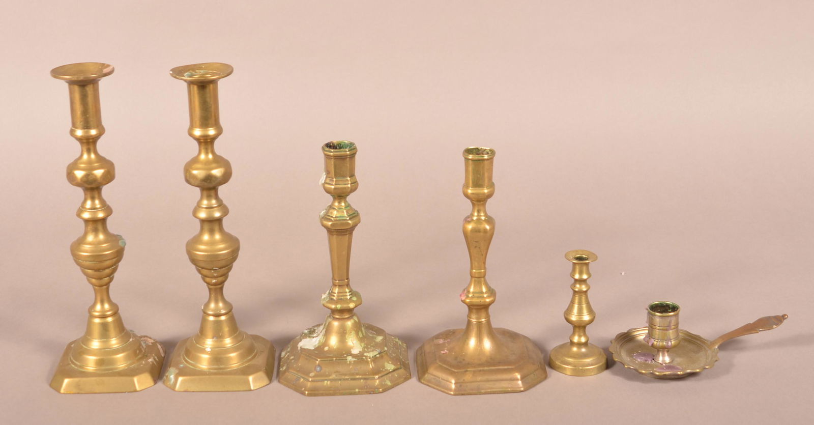 Six Various 18th/19th Century Brass Candlesticks. (1 of 3)