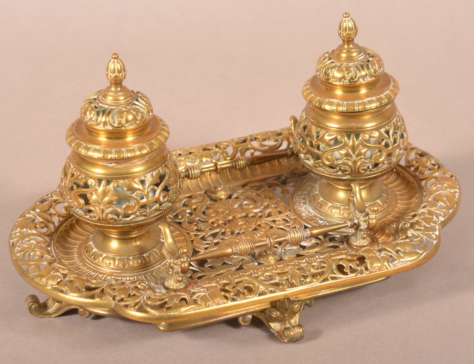 Ornate Victorian Brass Double Inkwell. (1 of 6)
