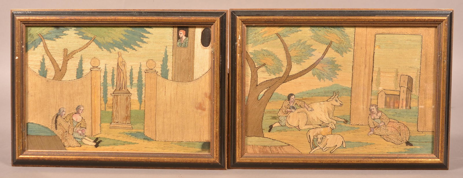 Pair Antique Pictorial Silk Needlework & Watercolors. (1 of 3)