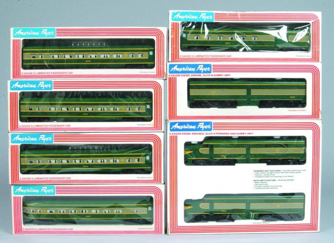 American Flyer Erie Alco "A" units #4-8251 with fiv: American Flyer Erie Alco "A" units #4-8251 with five various passenger cars and one Alco "B" dummy unit with horn, set is in great condition and has all original boxes, (circa 1891-1983).