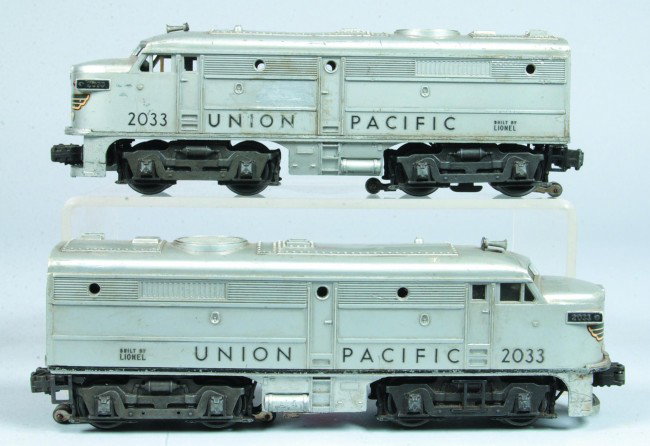 Lionel Union Pacific Alco Diesel Double A Unit Eng: Lionel Union Pacific Alco Diesel Double A Unit Engines, circa 1952. Overall fair condition showing heavy scratches and paint loss to bodies of locomotives.