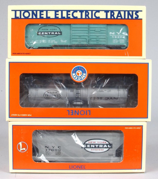 Three Lionel NYC Train Cars, circa 1996-2004, #6-1: Three Lionel NYC Train Cars, circa 1996-2004, #6-17009 2-Bay hopper, #6-26189 tanker, #6-19623 box car, all cars are in like-new condition in original boxes.