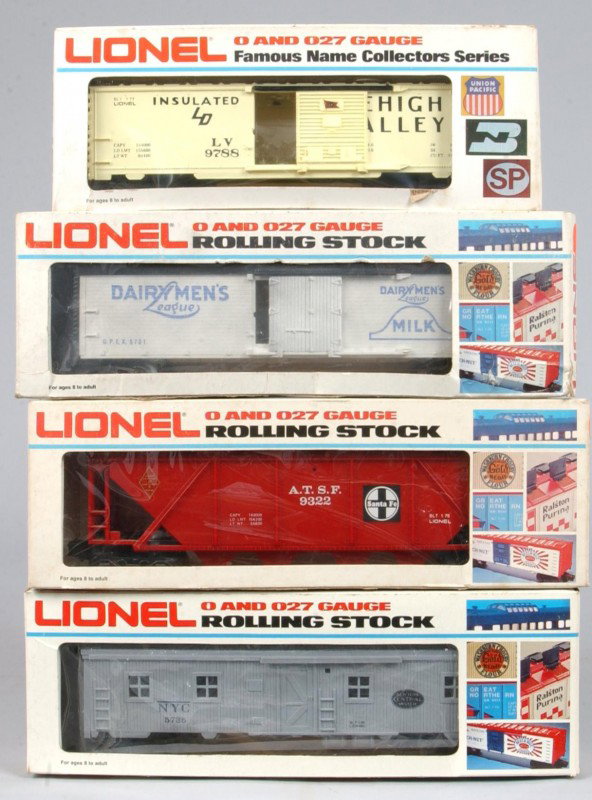 Lot of Four Lionel Train Cars, #6-9788 Box car, #6: Lot of Four Lionel Train Cars, #6-9788 Box car, #6-5701 Reefer, #6-9322 Hopper and #6-5735 Bunk car, overall good condition with boxes showing wear.