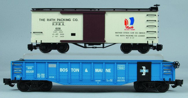 (2) G-scale Freight Cars, B-M Gondola by Aristo Cr: (2) G-scale Freight Cars, B-M Gondola by Aristo Craft and a Rath Black Hawk Bachmann Box Car, both cars are in like new condition but do not have original boxes.