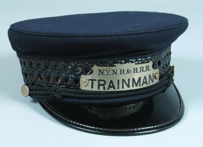 NYNH and HRR Trainman Hat, size 7-1/4" with nickle: NYNH and HRR Trainman Hat, size 7-1/4" with nickle plated front plate and New York New Haven side buttons with cane decorated band - overall good condition.