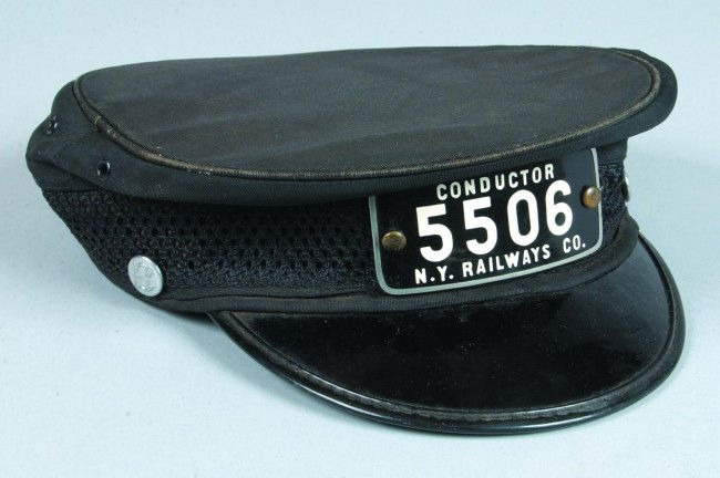 NY Railways Conductor Hat, fabric missed sides wit: NY Railways Conductor Hat, fabric missed sides with a black fabric covered top, metal name plate with a black painted background, leather sweat band shows various loss, overall good condition showing