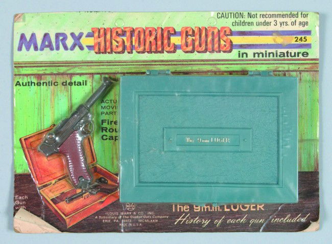 Marx Historic Gun Series = Mini Luger, in original: Marx Historic Gun Series = Mini Luger, in original packaging, #245, plastic, Mfg. Louis Marx & Co., 1974, USA, 7" x 10", condition: items, very good; packaging, fair