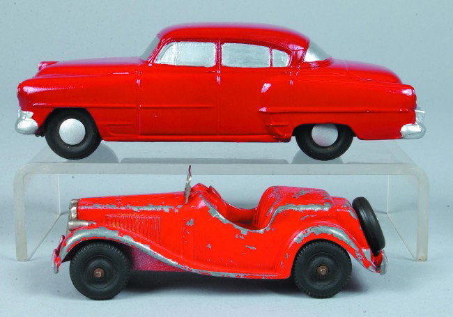 Automobile Bank, painted pot metal, Banthrico, Inc: Automobile Bank, painted pot metal, Banthrico, Inc. USA, 8" l, repainted/fair; plus Roadster Toy Car, painted pot metal, Hubley Kiddie, Lanc. PA, 5-3/4" l., fair condition.