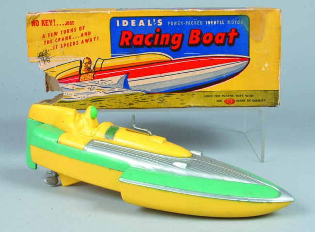 Ideal's Racing Boat, in original box, plastic, cra: Ideal's Racing Boat, in original box, plastic, crank motor powered propeller, 13-1/4"l., boat, good; box, fair.