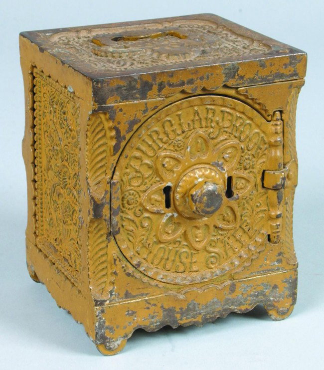 Burglar Proof House Safe Bank, re-painted cast iro: Burglar Proof House Safe Bank, re-painted cast iron, marked on bottom key combination safe Mfg. J & E Stevens, Co., patented Aug. 17, 1897, 4-3/4"w. x 6"h., fair
